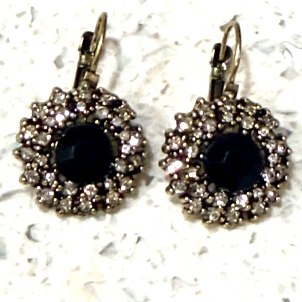 New Black Crystal Drop Earrings Gold Tone Halo Dangle Vintage Style Rhinestone